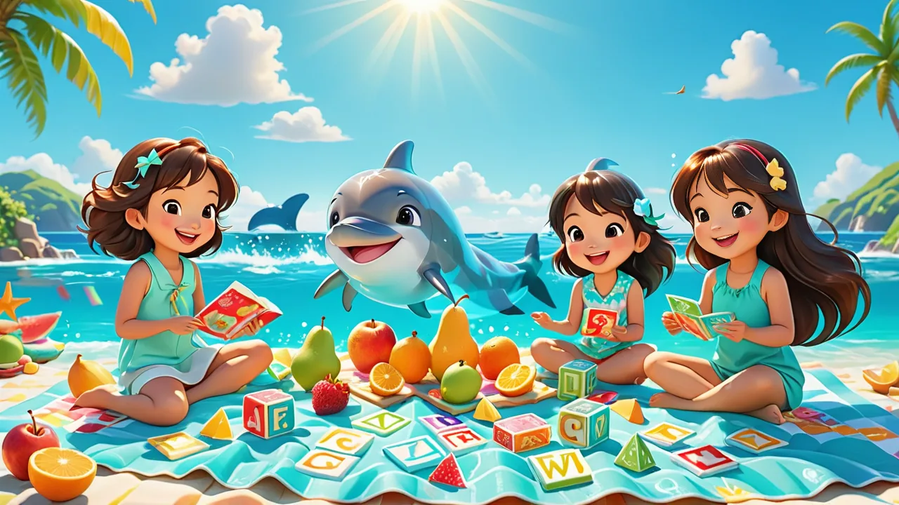 孩子们在海边和海豚一起学习